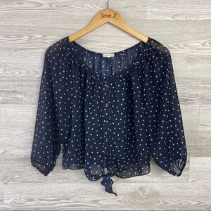 L8ter Dark Blue Polka Dot Front Tie Crop Blouse